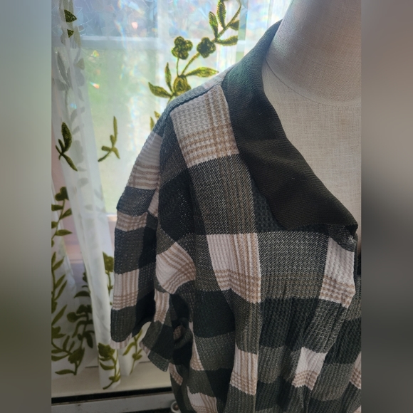 Vintage 90s green cream tan plaid waffle knit grunge top 26/28 - Picture 4 of 7